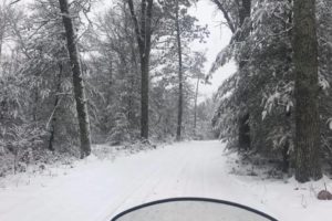 A scenery picture of a snowy road, taken from the rider of a snow mobile.