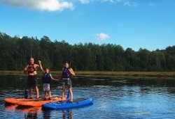 A picture of a man and two children paddle boarding.