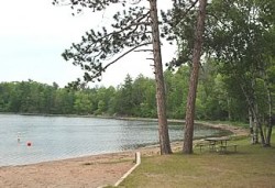 A picture of the shoreline against the water.
