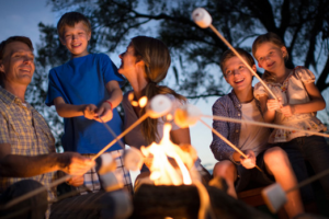 An image of a family roasting marshmallows over a flame.